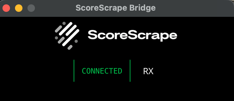 ScoreScrape Bridge app showing green Connected and RX indicators