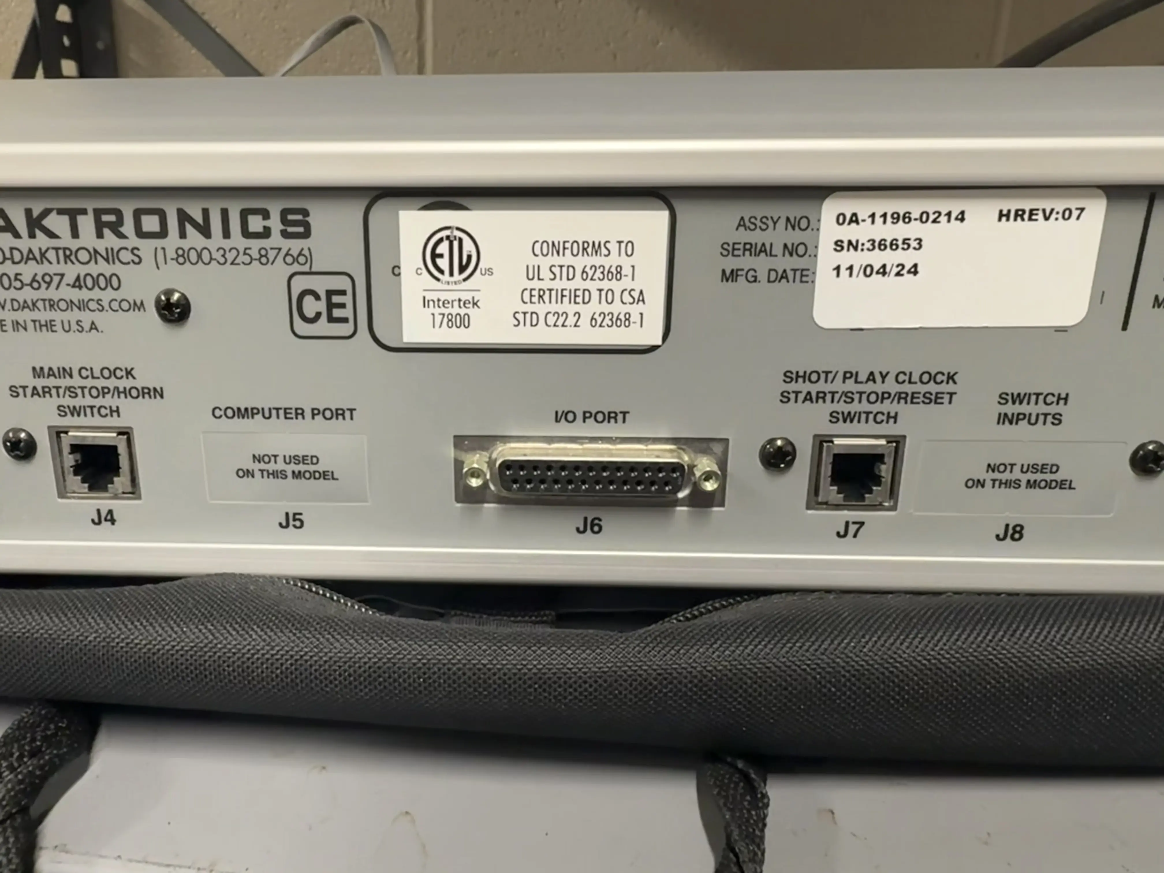 Daktronics All Sport 5000 controller showing the J6 RTD I/O port